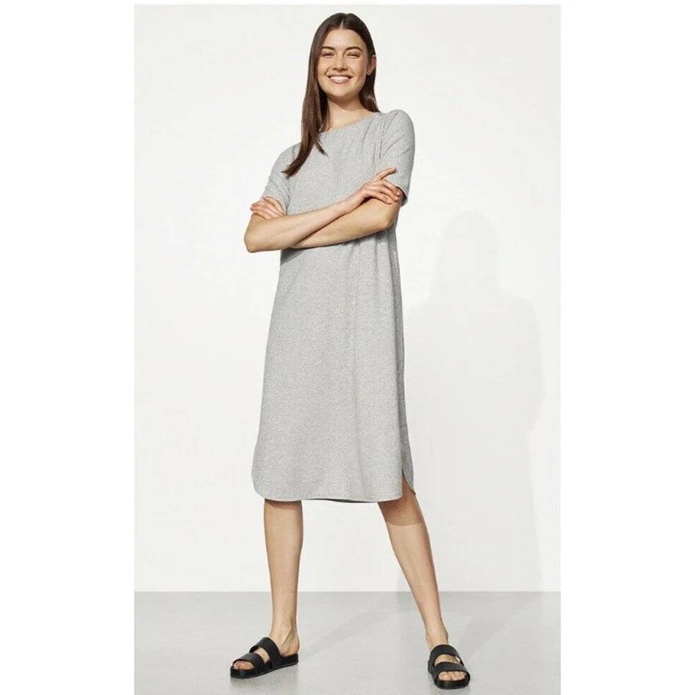 Gray Eileen Fisher shirt tail dress with elbow length sleeves